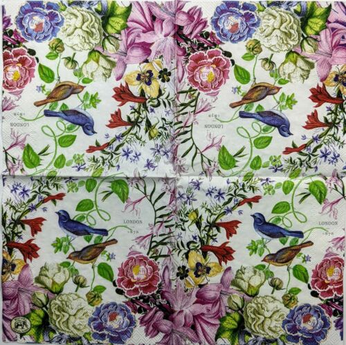 TWO Individual Paper Cocktail Decoupage Napkins- Floral Romance w/ Birds 1154