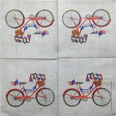 TWO Individual Paper Cocktail Decoupage Napkins - 1995 4th of July Bicycle