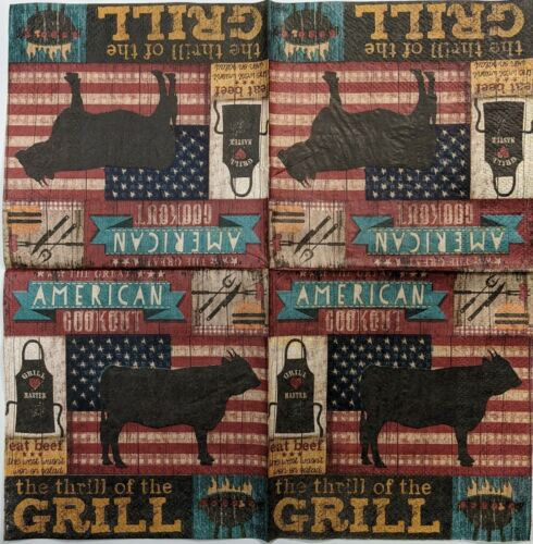 TWO Individual Paper Cocktail Decoupage Napkins- BBQ Cookout American Grill 1139