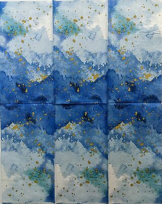 TWO Individual Paper Guest Decoupage Napkins- 1453 Blue Watercolor w/ Gold Spots