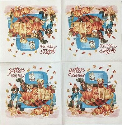 TWO Individual Paper Cocktail Decoupage Napkins - 1664 Truck Harvest with Dogs