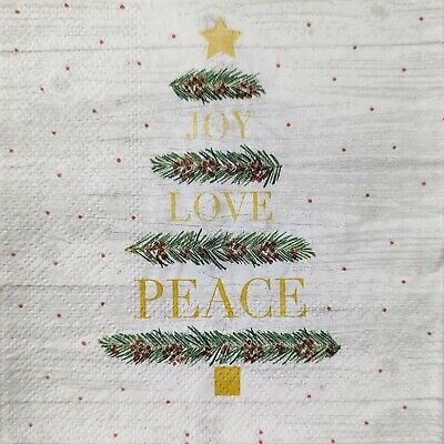 TWO Individual Paper Cocktail Decoupage Napkins-1685 Joy Love Peace Holiday Tree