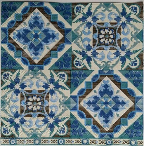 TWO Individual Paper Lunch Decoupage Napkins - Blue Green Tiles 1030