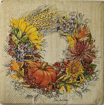 TWO Individual Paper Cocktail Decoupage Napkins - 1576 Beautiful Harvest Wreath