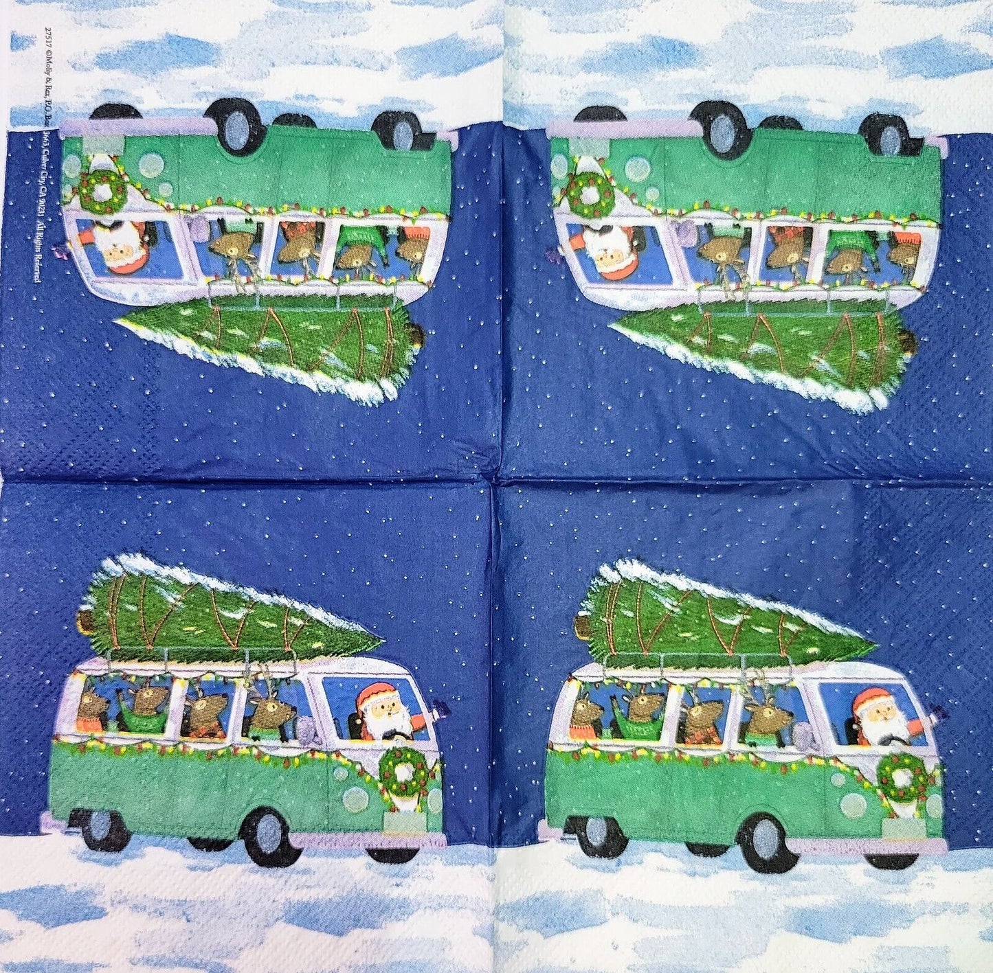 TWO Individual Paper Cocktail Decoupage Napkins - 2186 Santa's Christmas Bus