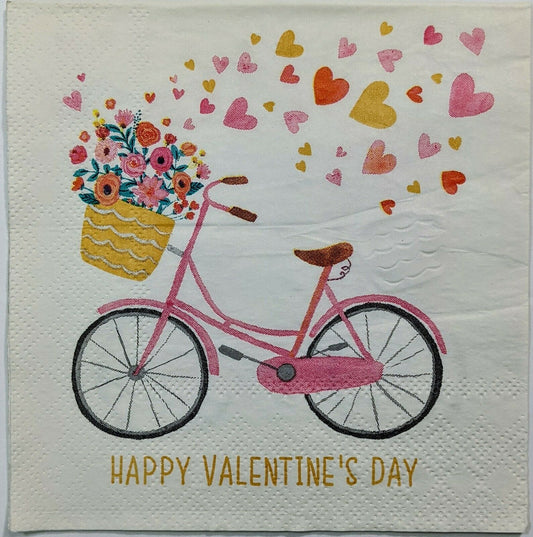 TWO Individual Paper Cocktail Decoupage Napkins - Valentine Pink Bike Love 1233