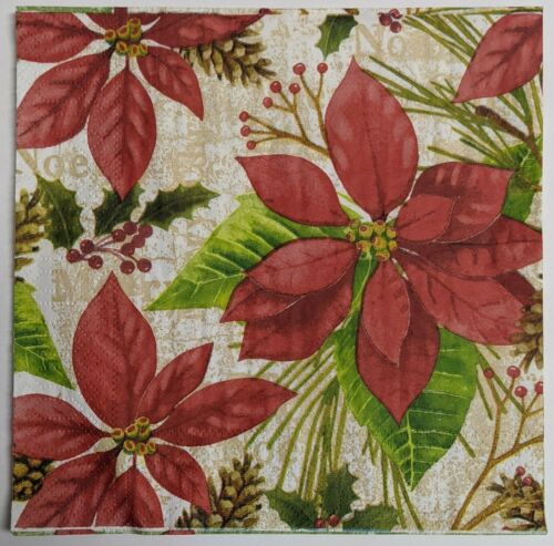 2 Indvidual Paper Lunch Decoupage Napkins-Christmas Poinsettia Red Cardinal 1085