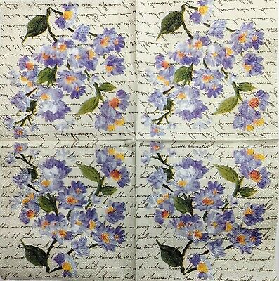 TWO Individual Paper Cocktail Decoupage Napkins - 1786 Scripted Purple Flowers