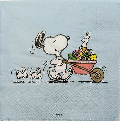 TWO Individual Paper Cocktail Decoupage Napkins - 1861 Snoopy Easter Wheelbarrow