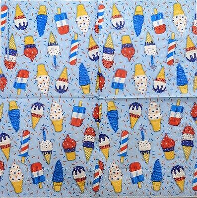 TWO Individual Paper Cocktail Decoupage Napkins - 1994 Patriotic Ice Cream