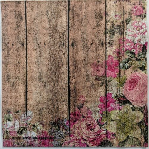 TWO Individual Paper Cocktail Decoupage Napkins - Wood Fence Floral Pink Sm 1188