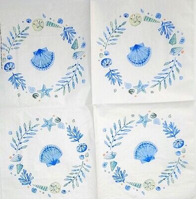 TWO Individual Paper Cocktail Decoupage Napkins - 2034 Blue Shell Wreath