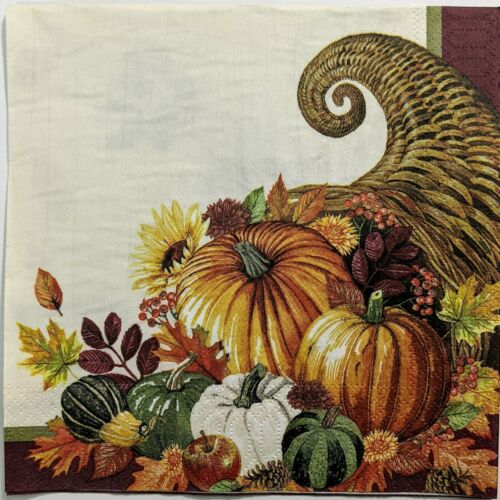 TWO Individual Paper Lunch Decoupage Napkins - Colorful Cornucopia Pumpkins 1211