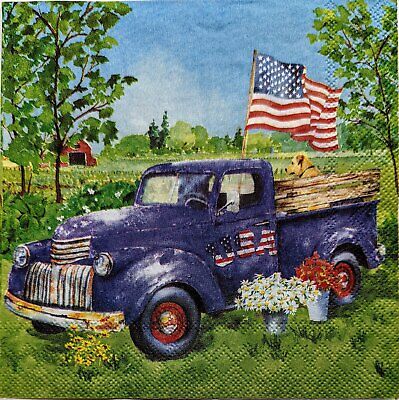 TWO Individual Paper Cocktail Decoupage Napkins - 1996 Blue Patriotic Truck