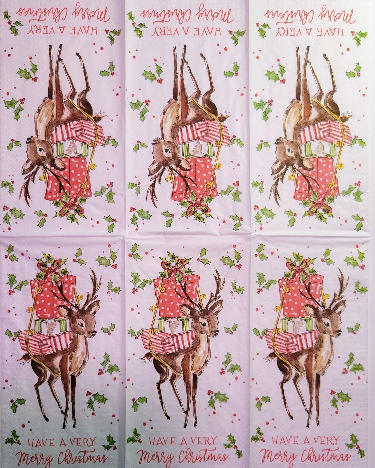 TWO Individual Paper Guest Decoupage Napkins - 2266 Merry Little Deer with Gifts