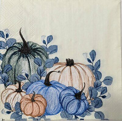 TWO Individual Paper Cocktail Decoupage Napkins - 1655 Blue Pumpkin Patch