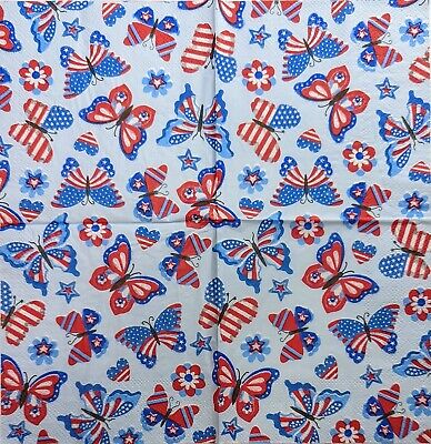 TWO Individual Paper Cocktail Decoupage Napkins - 1990 Patriotic Butterflies