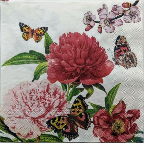 2 Indvidual Paper Lunch Decoupage Napkins - Peoni & Butterflies 1065