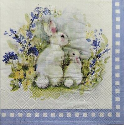 TWO Individual Paper Cocktail Decoupage Napkins - 1922 Bunnies in Spring Garden