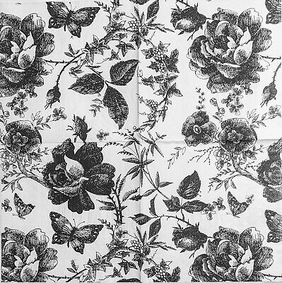 TWO Individual Paper Lunch Decoupage Napkins - 1975 Avril Black & White Floral