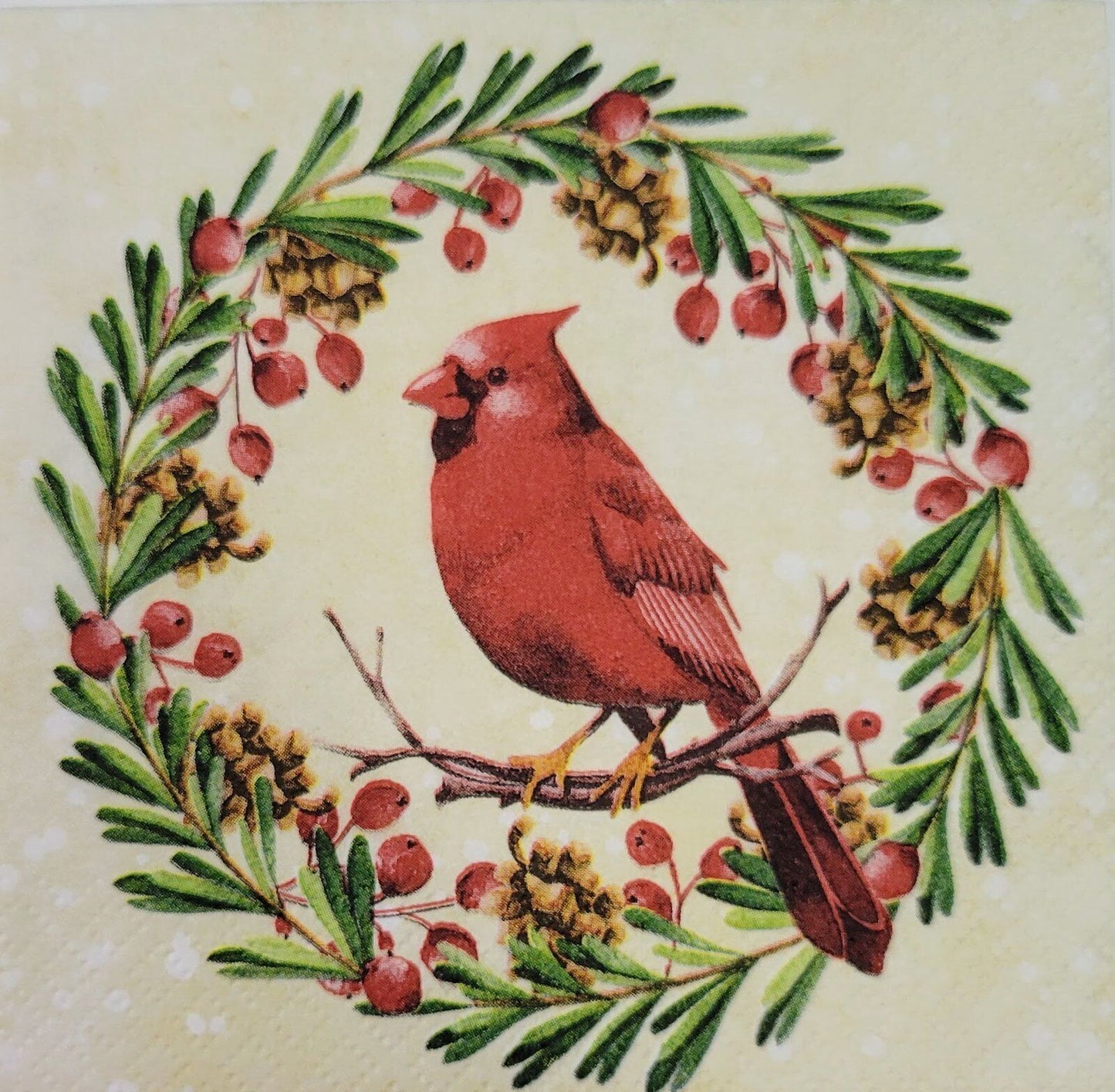 TWO Individual Paper Cocktail Decoupage Napkins - 2178 Cardinal Christmas Wreath