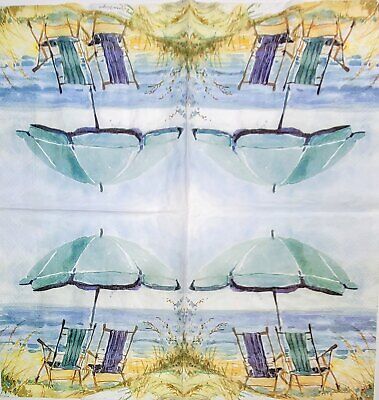 TWO Individual Paper Lunch Decoupage Napkins - 2050 Beach Chairs & Umbrella