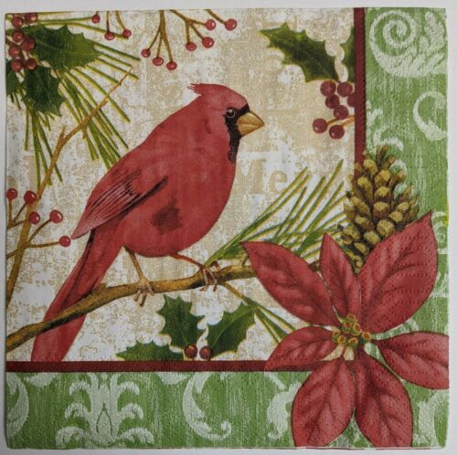 2 Indvidual Paper Lunch Decoupage Napkins-Christmas Poinsettia Red Cardinal 1085