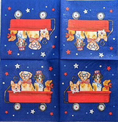 TWO Individual Paper Cocktail Decoupage Napkins - 1988 Patriotic Dogs in Wagon