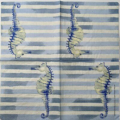 TWO Individual Paper Cocktail Decoupage Napkins - 1590 Blue Seahorse Stripes