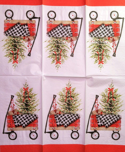 TWO Individual Paper Guest Decoupage Napkins - 2237 Wagon Christmas Tree