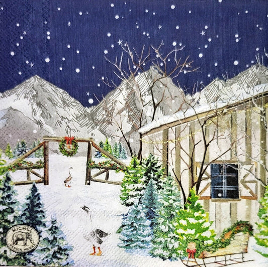 TWO Individual Paper Cocktail Decoupage Napkins - 2184 Christmas Snow Barn