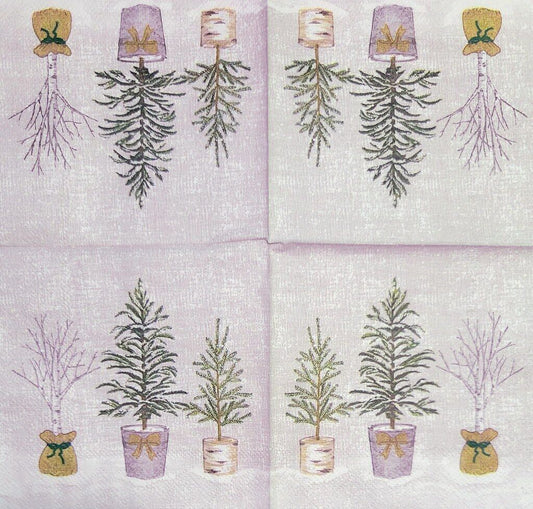 TWO Individual Paper Cocktail Decoupage Napkins- 2217 Potted Holiday Trees