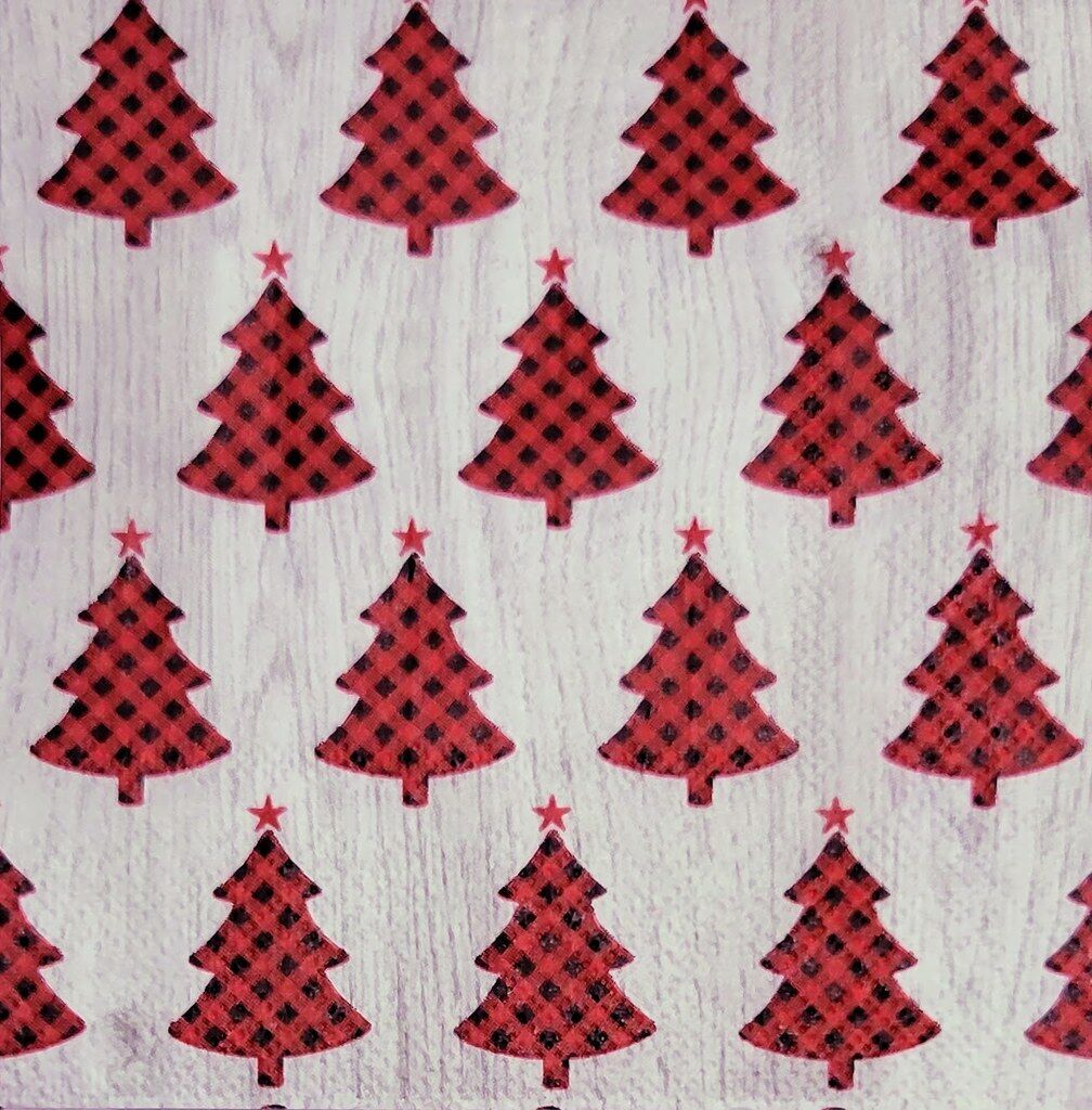 TWO Individual Paper Cocktail Decoupage Napkins - 2223 Red Check Christmas Trees