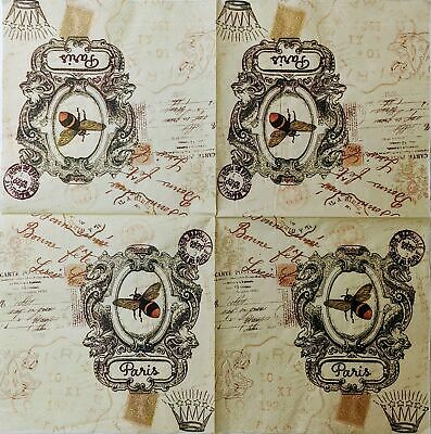 TWO Individual Paper Cocktail Decoupage Napkins- 1539 Scripted Paris Bee Postage