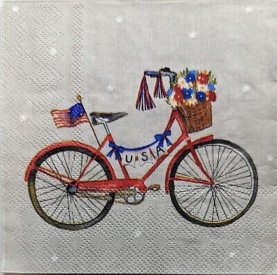 TWO Individual Paper Cocktail Decoupage Napkins - 1995 4th of July Bicycle