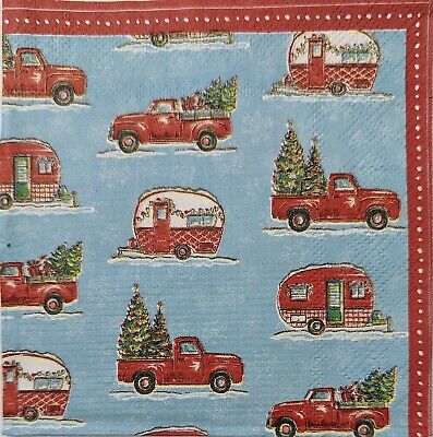 TWO Individual Paper Cocktail Decoupage Napkins- 1770 Christmas Trucks & Campers