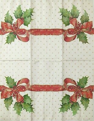 TWO Individual Paper Guest Decoupage Napkins - 1731 Christmas Holly Ribbon