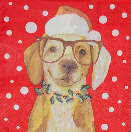 TWO Individual Paper Cocktail Decoupage Napkins- 2230 Nerdy Dog with Santa Hat