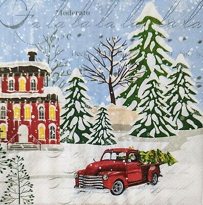 TWO Individual Paper Lunch Decoupage Napkins - 1717 Winter Village Red Truck