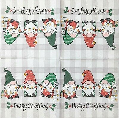 TWO Individual Paper Cocktail Decoupage Napkins - 1675 Christmas Lights Gnomes