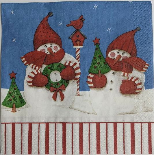 2 Individual Paper Lunch Decoupage Napkins - Wintertime Peppermint Snowmen 1072