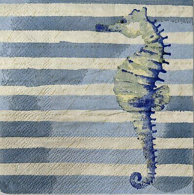 TWO Individual Paper Cocktail Decoupage Napkins - 1590 Blue Seahorse Stripes
