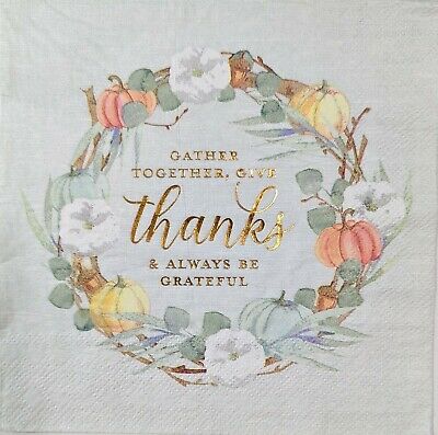 TWO Individual Paper Lunch Decoupage Napkins - 1714 Foil Give Thanks Wreath