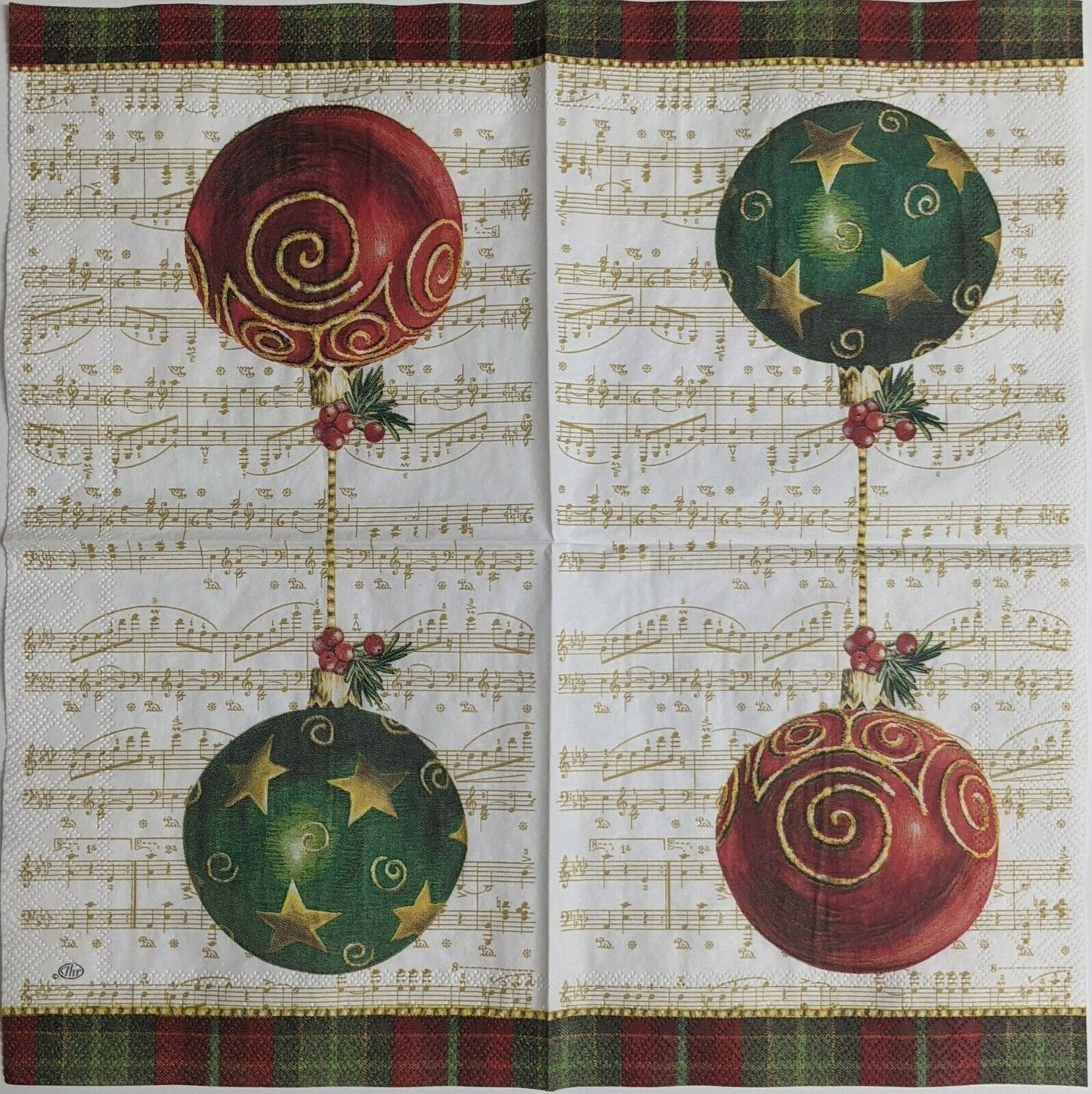 TWO Individual Paper Cocktail Decoupage Napkins - Musical Holiday Ornament 1081