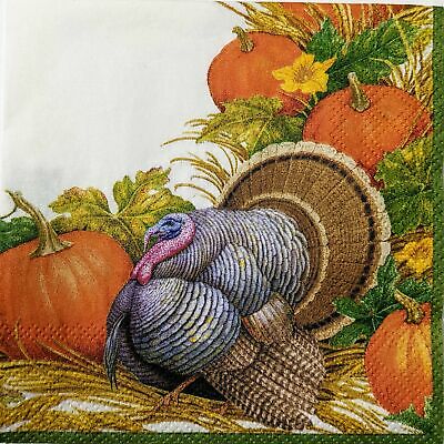 TWO Individual Paper Cocktail Decoupage Napkins-1652 Thanksgiving Turkey Harvest