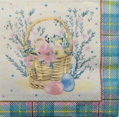 TWO Individual Paper Cocktail Decoupage Napkins- 1895 Pastel Plaid Easter Basket