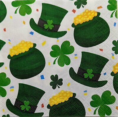 TWO Individual Paper Cocktail Decoupage Napkins - 1810 St Patrick's Pot of Gold