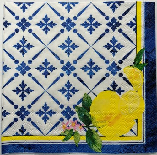 TWO Individual Paper Cocktail Decoupage Napkins- Lisbon Lemons Blue/Yellow 1101