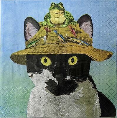 TWO Individual Paper Cocktail Decoupage Napkins - 1534 Benny Fishing Cat w/ Frog