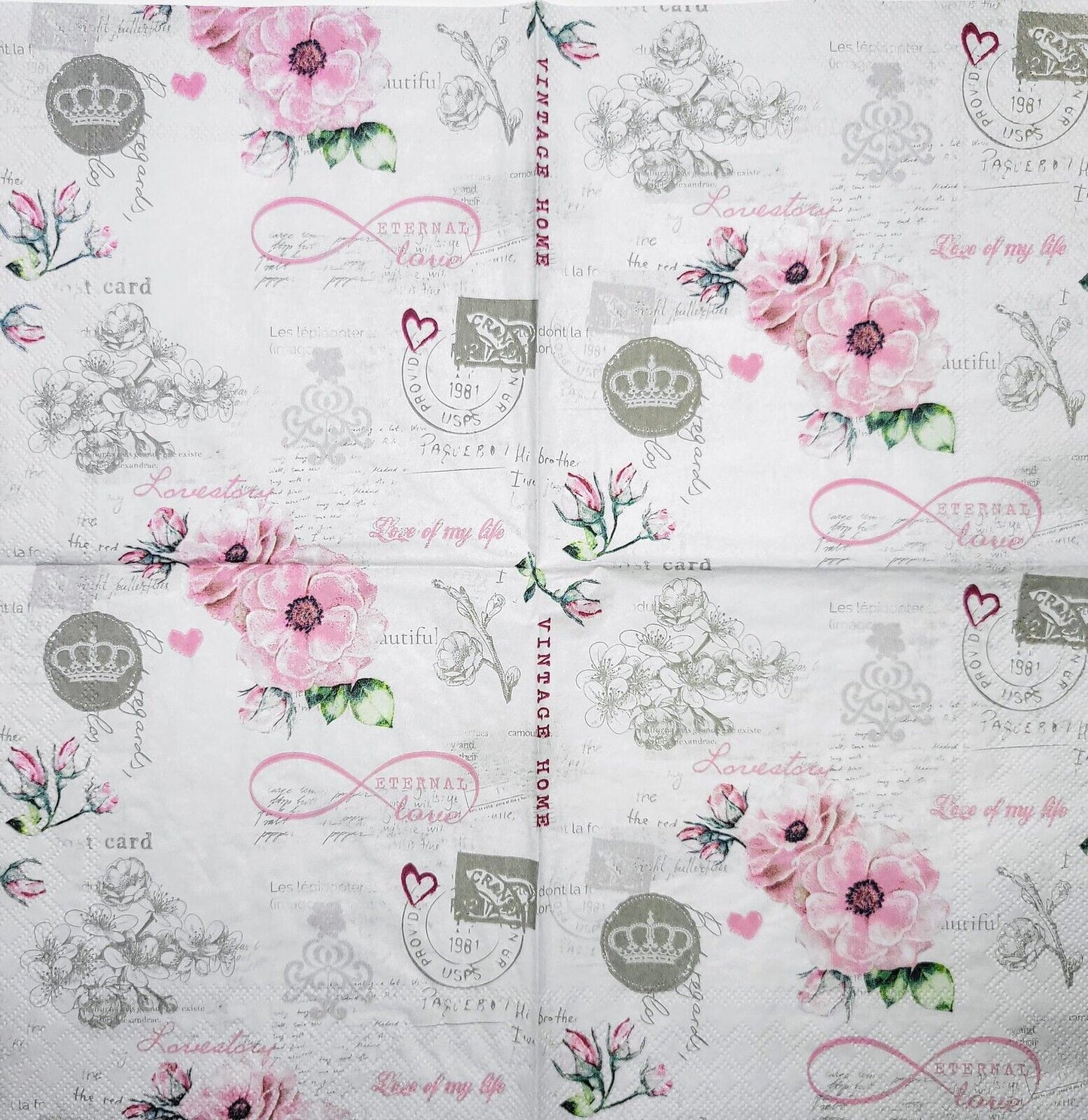 TWO Individual Paper Lunch Decoupage Napkins - 2371 Pink Eternal Love Vintage